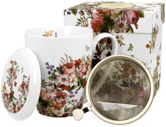 DUO FLORAL Becher 380 ml VINTAGE FLOWERS WHITE mit Teesieb, New Bone China Porzellan