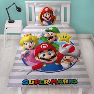 Nintendo Super Mario Bettwäsche für Jungen Kinderbettwäsche 135x200 80x80 cm aus 100% Baumwolle mit grauem Motiv
