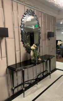 Casa Padrino Luxus Art Deco Konsole mit Wandspiegel Schwarz / Silber - Handgefertigter Massivholz Konsolentisch mit prunkvollem Spiegel - Luxus Art Deco Möbel