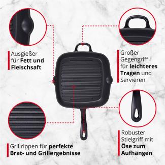 MEISTERKOCH Premium Grillpfanne | 26 x 26 cm, 2,5 l Volumen | Profi-Pfanne aus emailliertem Gusseisen induktionsgeeignet, spülmaschinengeeignet | für alle Herdarten und Ofen geeignet