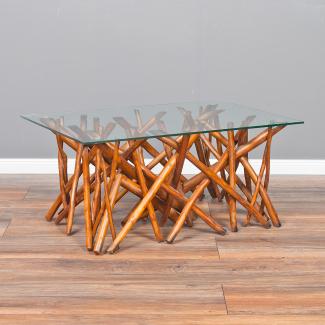 Couchtisch DRIFT-C Brown 90x60cm Teakholz & Glas Wohnzimmertisch Holztisch