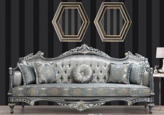 Casa Padrino Luxus Barock Sofa Silber / Türkis / Gold 248 x 96 x H. 118 cm - Prunkvolles Massivholz Wohnzimmer Sofa mit elegantem Muster und dekorativen Kissen