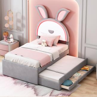 Merax Kinderbett Polsterbett 90 x 200 cm,Samtstoff Multifunktionales gepolstertes Einzelbett-Schlafsofa mit ausziehbarem Bett, Stauraumschublade und farbwechselndem LED-Licht, Grau