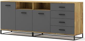 Domando Sideboard Malcesine Modern Breite 190cm, pulverbeschichtetes Metallgestell in Raucheiche und Graphit Matt