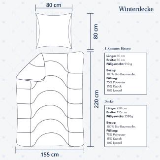Heidelberger Bettwaren Bettdecke 155x220 cm mit Kissen 80x80 cm, Made in Germany | Winterdecke, Schlafdecke, Steppbett mit Kapok-Füllung | atmungsaktiv, hypoallergen, vegan | Serie Kanada
