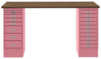 MultiDesk, 1 MultiDrawer mit 10 Schüben, 1 MultiDrawer mit 8 Schüben, Dekor Nussbaum, Farbe Pink, Maße: H 740 x B 1400 x T 600 mm