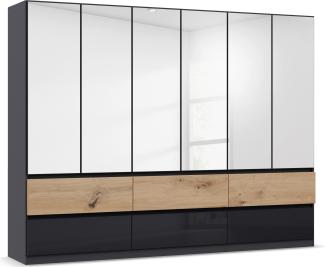 rauch Kleiderschrank; Drehtürenschrank WINNIPEG, 6-türig, 6 Spiegeltüren, 6 Schubkästen, Hochglanz Effektgrau/Eiche Halifax, 271x210x56xcm