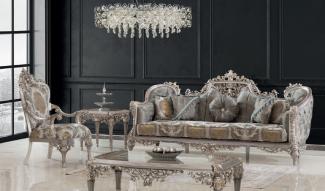 Casa Padrino Luxus Barock Wohnzimmer Set Grau / Silber / Gold - 2 Sofas & 2 Sessel & 1 Couchtisch & 2 Beistelltische - Handgefertigte Wohnzimmer Möbel im Barockstil - Edel & Prunkvoll