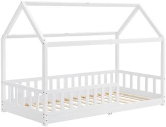 Juskys Kinderbett Marli 90 x 200 cm mit Rausfallschutz, Lattenrost und Dach - Massivholz Hausbett für Kinder - Bett in Weiß