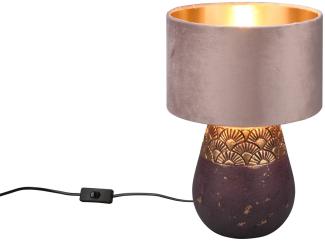 Tischleuchte KIRAN Keramikfuß Braun mit Samtschirm Pastellrosa Gold, Höhe 38cm