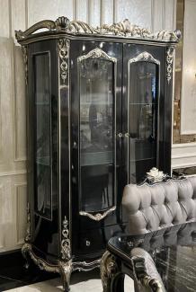 Casa Padrino Luxus Barock Vitrine Schwarz / Silber - Prunkvoller Massivholz Vitrinenschrank mit 2 Glastüren - Handgefertigte Barock Möbel - Edel & Prunkvoll