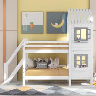 Merax Etagenbett mit Handlauf und Fenster, Hausbett, Kinderbett mit Fallschutz und Gitter, Rahmen aus Kiefer, weiß (90x200cm)