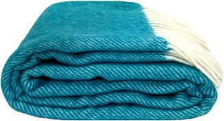 Wohndecke Fair deluxe Wolle pur | Wolldecke aus 100% Wolle | Couchdecke / Sofadecke | Wohlfühlende und Anschmiegsame Kuscheldecke | 100% reine Wolle mit Fransenborde (Blaugrün/Weiß)
