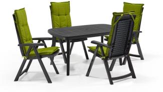 Shaf Milano 5-tlg. Outdoor-Essgruppen-Set | Klappstuhl anthrazit | mit grünen Polstern | Wetterfest | Klappsessel