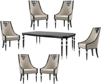 Casa Padrino Luxus Art Deco Esszimmer Set Beige / Schwarz / Silber - 1 Esszimmertisch & 6 Esszimmerstühle - Art Deco Esszimmer Möbel - Luxus Qualität