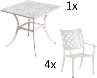 Inko 5-teilige Sitzgruppe Aluminium Guss weiß Tisch 80x80cm mit 4 Sesseln Tisch 80x80 cm mit 4x Sessel Duke