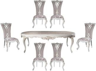 Casa Padrino Luxus Barock Esszimmer Set Lila / Beige / Weiß / Gold - 1 Ovaler Esstisch & 6 Esszimmerstühle mit elegantem Muster - Barock Esszimmer Möbel - Edel & Prunkvoll