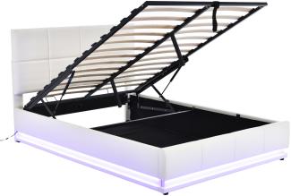 Merax LED Hydraulisches Polsterbett 140x200 aus Kunstleder Doppelbett mit Höhenverstellbares Kopfteil & Lattenrost Weiß