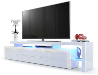 TV Board Lowboard Leon V3, Korpus und Überbau in Weiß Hochglanz / Front in Weiß Hochglanz mit Rahmen in Creme Hochglanz inkl. LED Beleuchtung (227 x 52 x 35 cm)