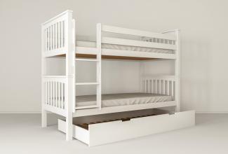 Etagenbett Kinderbett DAVID 200x90 cm mit Zusatzbett-Bettkasten Buchenholz massiv weiß