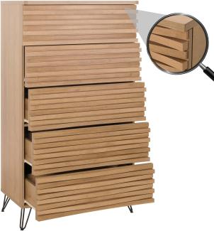 Kommode HWC-M49, Highboard Schrank, 3D-Design 5 Schubladen Massiv-Holz Mango Metall 145x80x44cm ~ natur