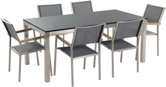 Gartenmöbel Set Naturstein schwarz poliert 180 x 90 cm 6-Sitzer Stühle Textilbespannung grau GROSSETO