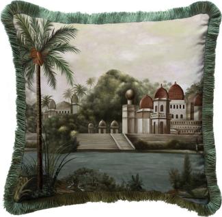 Casa Padrino Luxus Deko Kissen Palast Mehrfarbig / Grün 45 x 45 cm - Bedrucktes Samt Kissen mit Fransen - Luxus Deko Accessoires