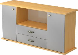bümö® Sideboard mit Türen, Schubladen und Streifengriffen in Buche/Silber