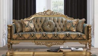 Casa Padrino Luxus Barock Sofa Grün / Gold - Prunkvolles Wohnzimmer Sofa mit elegantem Muster und dekorativen Kissen - Barock Wohnzimmer Möbel