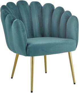 Baroni Home Gepolsterter Sessel mit Muschel-Rückenlehne aus Samt mit goldenen Beinen aus Eisen, Stuhl für Wohnzimmer oder Schlafzimmer, 67 x 64 x 77 cm, Petrol-Beine Gold