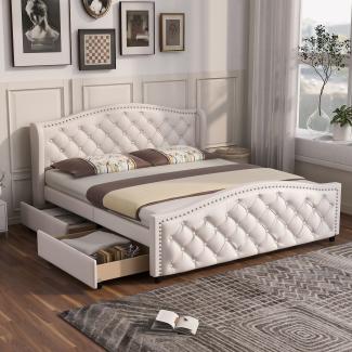 Merax Polsterbett 160 x 200 cm - Bett mit Lattenrost, 2 Schubladen und Kopfteil mit Zugpunktnieten – Holz & Kunstleder - Weiß –Gästebett