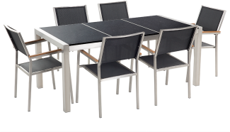 Gartenmöbel Set Granit schwarz poliert 180 x 90 cm 6-Sitzer Stühle Textilbespannung GROSSETO