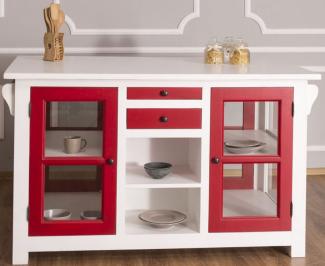 Casa Padrino Landhausstil Kücheninsel Weiß / Rot 150 x 90 x H. 90 cm - Massivholz Küchenschrank mit 4 Glastüren und 4 Schubladen - Landhausstil Küchenmöbel