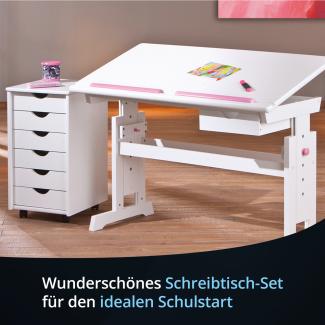 KHG Schreibtisch-Set weiß mit Rollcontainer Kiefer Echtholz 6-fach höhenverstellbar mit neigbarer Tischplatte 109 x 96 x 55 cm