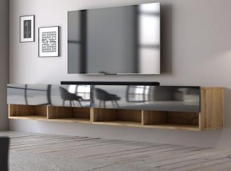 TV-Lowboard Epsom schwarz Hochglanz und Eiche hängend 200 cm
