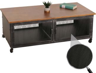 Couchtisch HWC-N28, Sofatisch, Rollen 2 Fächer, 3D-Struktur Industrial Retro Metall Holz 45x120x60cm ~ schwarz, braun