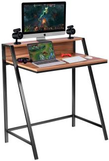 COSTWAY Schreibtisch 2-stoeckig, Computertisch mit stabilem Metallrahmen, Arbeitstisch Walnuss, Bürotisch, PC-Tisch fürs Wohnzimmer, Arbeitszimmer, Büro