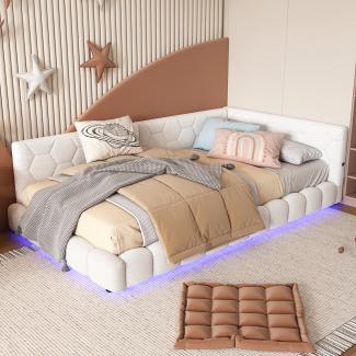 Merax Polsterbett, LED Einzelbett Daybett Tagesbett Samt 90x200cm mit USB-Anschluss Weiß