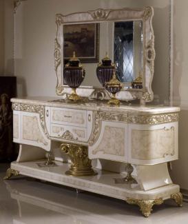 Casa Padrino Luxus Barock Möbel Set Weiß / Beige / Gold - 1 Barock Sideboard & 1 Barock Wandspiegel - Handgefertigte Barock Möbel - Edel & Prunkvoll