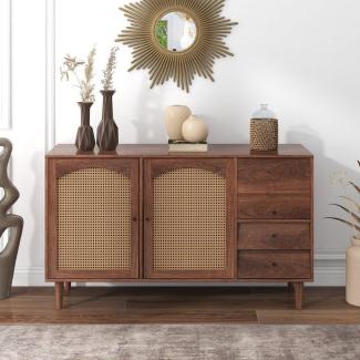 Merax Sideboard Buffet Rattan mit 3 Türen und 2 Schubladen, Antik,Landhaus Stil, Kommode aus Holz und Rattan, B/H/T:130/76/41 cm