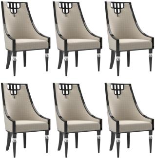 Casa Padrino Luxus Art Deco Esszimmer Stuhl Set Beige / Schwarz / Silber 55 x 55 x H. 105 cm - Edles Küchen Stühle 6er Set - Art Deco Esszimmer Möbel