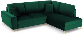 Micadoni 5-Sitzer Samtstoff Ecke rechts Sofa mit Bettfunktion und Box Moghan | Bezug Bottle Green | Beinfarbe Gold Metal