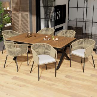 Merax Garten-Essgruppe, 7-tlg, Garten-Lounge-Set aus Seil, 6 Sessel und 1 Tisch, Tisch aus Akazienholz, Mit 6 Sitzkissen, abnehmbar und waschbar