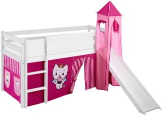 Lilokids 'Jelle' Spielbett 90 x 190 cm, Angel Cat Sugar, Kiefer massiv, mit Turm, Rutsche und Vorhang