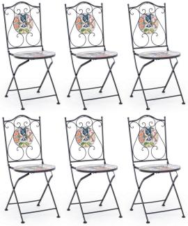 Casa Padrino Jugendstil Gartenstuhl 6er Set Schwarz / Mehrfarbig 39 x 47 x H. 92 cm - Klappbare Stühle mit edlen Keramik Platten - Nostalgische Garten & Gastronomie Möbel