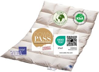 Vitaschlaf® Bio-Luxe-KBA TESTSIEGER - W6 - EXTRA WARM 100% GÄNSE Organic Daunendecke Deutsche Qualität Downpass 155x220cm