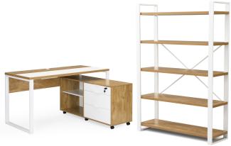 B&D home Büromöbel Set SVEA | Komplettset 3-teilig Schreibtisch Rollcontainer Regal für Jugendzimmer, Büro | modern | 140cm, Wildeiche Optik