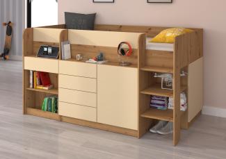 Domando Hochbett Sondrio Modern Breite 204cm, mit integrierten Schränken, Schreibtisch und Regal in Artisan Eiche und Creme