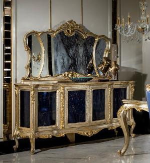 Casa Padrino Luxus Barock Möbel Set Silber / Gold / Blau - 1 Sideboard mit 4 Türen & 1 Spiegel - Handgefertigte Barock Möbel - Edel & Prunkvoll