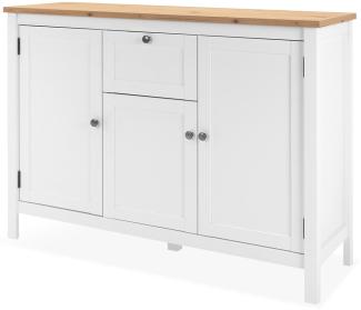 KHG Sideboard 3-türig mit 4 Einlegeboden Landhaus, Schublade Kommode aus Holzwerkstoff weiß foliert, Deckplatte Holzoptik Asteiche foliert, silberne Metall-Griffe, 120 x 90 x 40 cm (B/H/T)